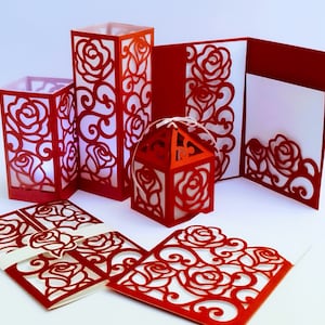 Bundle papeterie ensemble modèles roses tourbillons Cricut SVG coupe fichiers lanterne faveur boîte anniversaire cartes mariage roses roses design svg