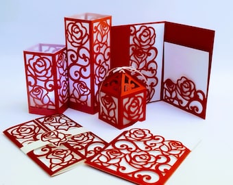 Bundle Stationery Set Templates Roses Swirls Cricut SVG cut Files Lantern favor box anniversary cards wedding invitations roses design svg
