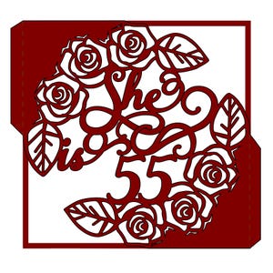 SVG verjaardagskaart 55 Cricut-sjablonen Gate vouw uitnodiging She is Fifty Five 55th years old Party Fifties Roses Card silhouet lasergesneden