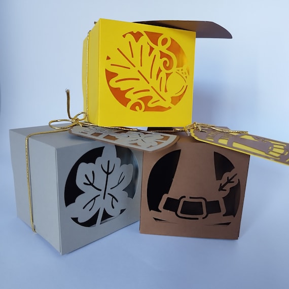 SVG Autumn Favor Boxes Thanksgiving gifts Templates Pilgrim Hat Fall Leaf SVG Cut files Cricut Cameo Laser Thank You Tags Harvest Festival
