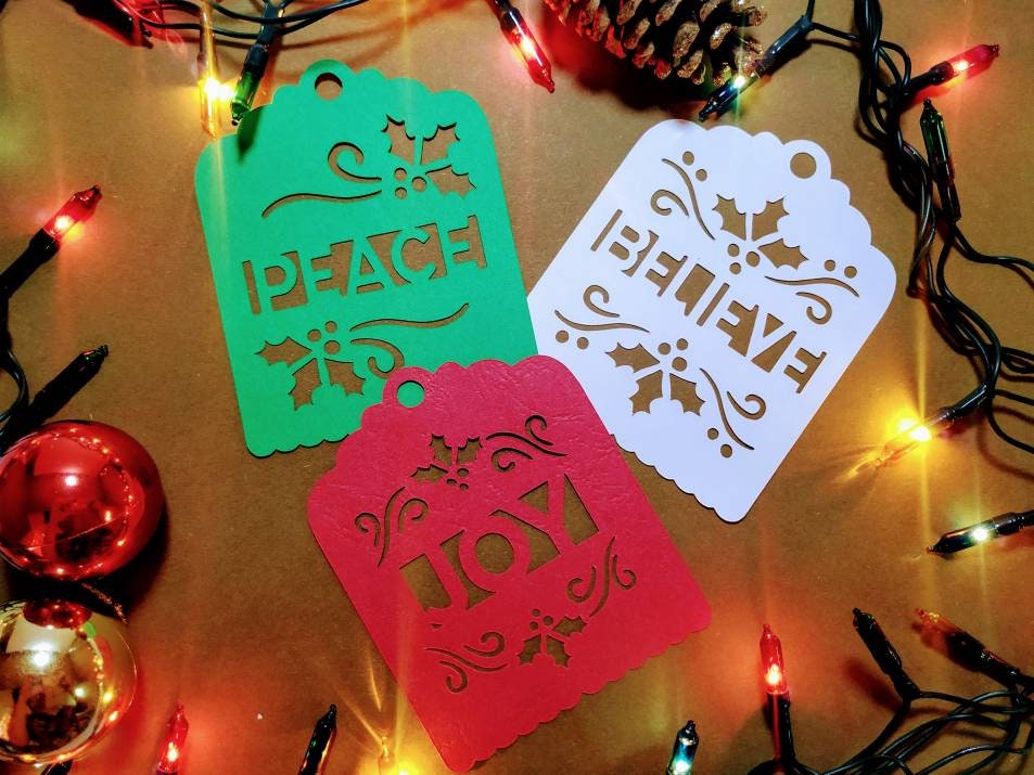 3 SVG Christmas Tag Template Bookmarks Ornament Joy Believe Peace Frames Cut File Cricut Paper Gift Cutting File Cricut Silhouette Laser Cut