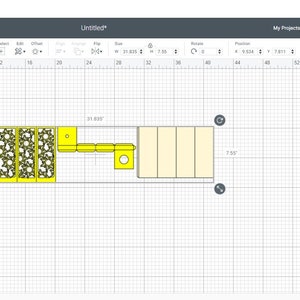 May include: A Cricut Design Space screen showing a design for a lantern. The design is made up of five yellow panels with a pattern of small circles and a yellow panel with a pattern of small squares. The design is labeled "Score Line Lantern Rapunz".
