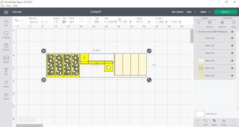 May include: A Cricut Design Space screen showing a design for a lantern. The design is made up of five yellow panels with a pattern of small circles and a yellow panel with a pattern of small squares. The design is labeled "Score Line Lantern Rapunz".