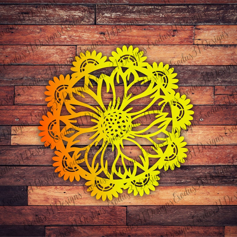 Puede incluir: Un dise&ntilde;o de mandala amarillo y naranja con un patr&oacute;n de girasol. El dise&ntilde;o es intrincado y detallado, con una forma circular y un patr&oacute;n repetitivo de girasoles.