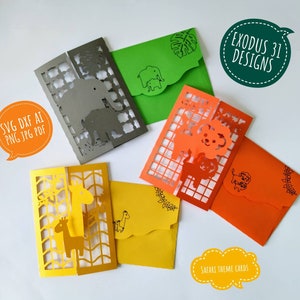 6 Plantillas de archivos de corte SVG Tarjetas de baby shower Invitaciones Fiesta temática Jungle Safari Corte láser Cricut Silueta Cameo Elefante Jirafa León