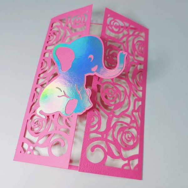 SVG Cricut Baby Shower Invitatios Baby Elephnat elephant with roses Cut Files Templates Baby Girl Baby Elephant svg  Party Cards Invitations