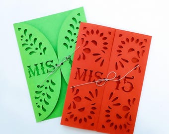 5x7 SVG Laser Cut Quinceanera Invitation Template Gate Fold Card Cut File for Cricut or Silhouette Cameo Papel Picado Mexican Folk Design