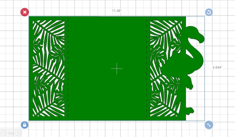 May include: A green card with a flamingo and palm leaf design. The card is 11.48 inches wide and 6.844 inches tall.