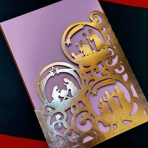 Plantilla SVG para tarjeta navideña con escena de la natividad, sobre de 5 x 7 pulgadas, Cricut, Silhouette Cameo, corte láser, invitación para regalos de Navidad, cumpleaños de Jesús