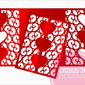 May include: Red laser cut design with a repeating pattern of hearts and swirls. The design is layered and includes the text "EXODUS 31 DESIGNS".