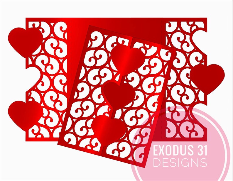 May include: Red laser cut design with a repeating pattern of hearts and swirls. The design is layered and includes the text "EXODUS 31 DESIGNS".