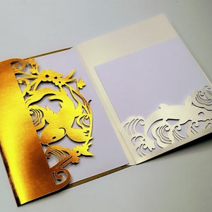 SVG Vorlage für dreifach gefaltete Taschenkarte, Einladung Cricut Koi Fisch Koi Karpfen design Freundschaftskarte Japanische Schnittdatei Laser-Cut Silhouette Cameo