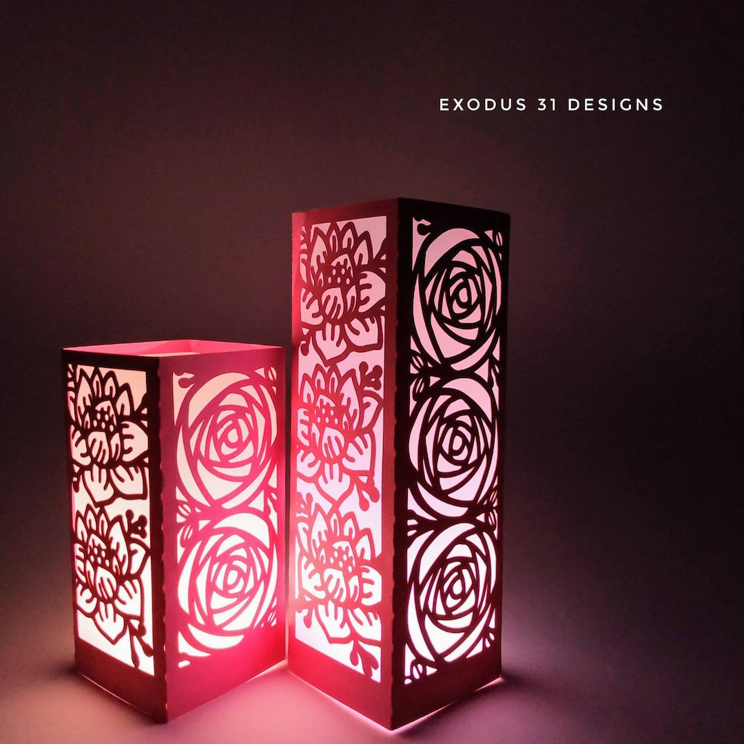 Set 2 SVG Files Lantern Template Cricut Flowers Roses Tulip Lotus Flower Centerpiece Paper Cut