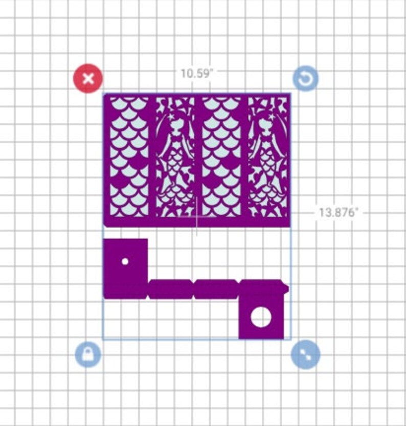Puede incluir: Dise&ntilde;o de corte l&aacute;ser morado con una sirena con una cola hecha de escamas. El dise&ntilde;o mide aproximadamente 26,9 cm de ancho y 35,2 cm de alto.