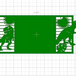 May include: Green paper cut-out card with two dinosaurs, palm trees, and suns. The card measures 11.45 inches by 5 inches.