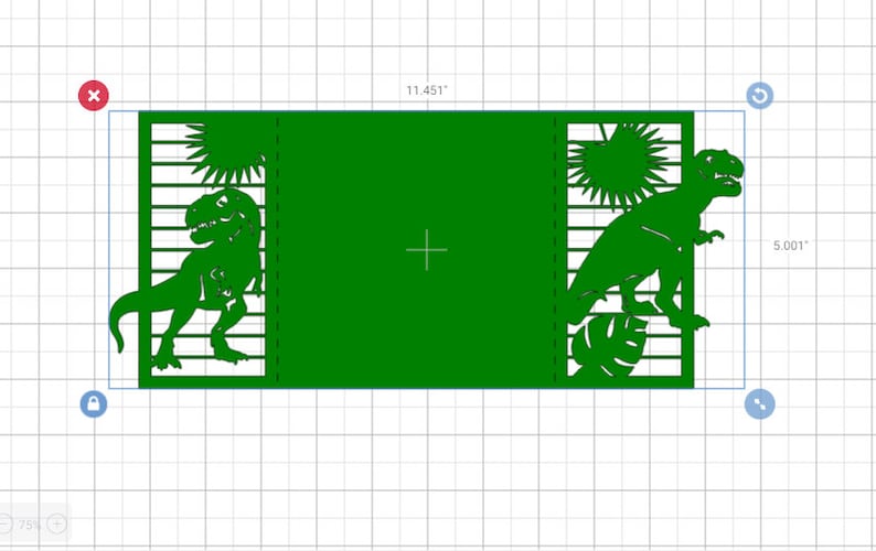 May include: Green paper cut-out card with two dinosaurs, palm trees, and suns. The card measures 11.45 inches by 5 inches.