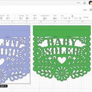 May include: Two digital designs for paper banners, one blue and one green. The blue banner says "CIELITO LINDO" and the green banner says "BABY IS HERE". Both banners have a heart and floral designs.