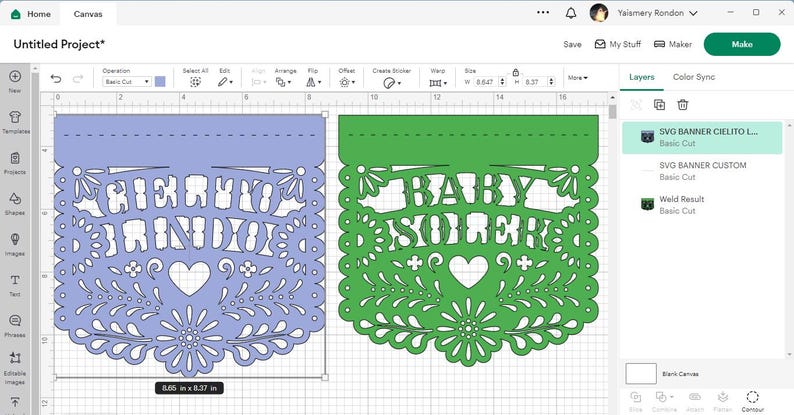 May include: Two digital designs for paper banners, one blue and one green. The blue banner says "CIELITO LINDO" and the green banner says "BABY IS HERE". Both banners have a heart and floral designs.