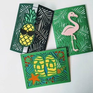 Conjunto de archivos de corte Cricut de verano SVG, flamenco, piña, playa, tarjeta de cumpleaños, Silhouette Cameo, plantillas de corte láser, hibisco, tropical