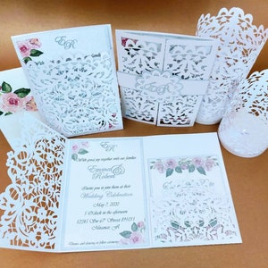 Pacchetto SVG Cricut Laser Cut 5x7 Invito a nozze Tri Fold Tasca Busta Porta Carta Piega Bomboniera Lanterne Pizzo Antico Silhouette Cameo