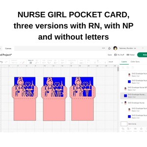 May include: Three versions of a nurse pocket card design. The card features a nurse with a stethoscope and a heart. The first card says "RN", the second card says "NP", and the third card has no letters. The cards are pink and blue.
