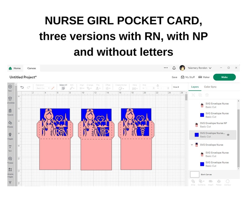 May include: Three versions of a nurse pocket card design. The card features a nurse with a stethoscope and a heart. The first card says "RN", the second card says "NP", and the third card has no letters. The cards are pink and blue.