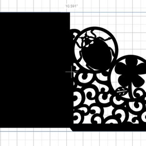 May include: Black and white laser cut design featuring a four-leaf clover, a ladybug, and a swirl pattern. The design is suitable for use as a card or invitation.
