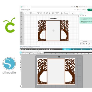May include: A digital design for a card featuring a tree silhouette. The design is displayed on a computer screen within a design software interface. The card measures approximately 10.38 inches by 7 inches.