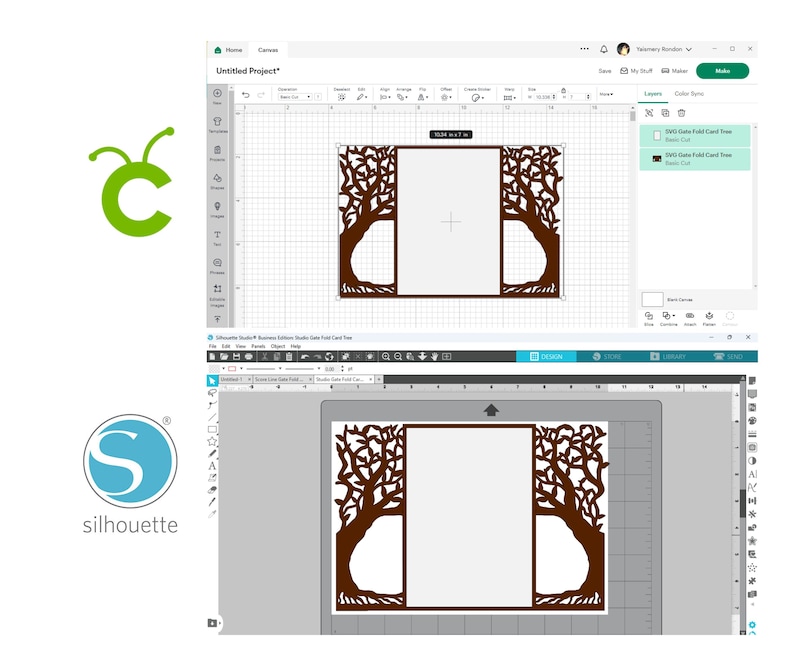 May include: A digital design for a card featuring a tree silhouette. The design is displayed on a computer screen within a design software interface. The card measures approximately 10.38 inches by 7 inches.