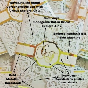 May include: Close-up of wedding stationery supplies, including white cardstock, gold metallic cardstock, ivory cardstock, and gold vinyl. The supplies are arranged in a stack and labeled with their names. The text "MATERIALS USED TO CREATE THIS WEDDING STATIONERY USING YOUR CRICUT. DIY PROJECT" is at the top of the image.
