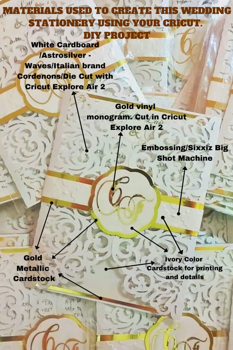May include: Close-up of wedding stationery supplies, including white cardstock, gold metallic cardstock, ivory cardstock, and gold vinyl. The supplies are arranged in a stack and labeled with their names. The text "MATERIALS USED TO CREATE THIS WEDDING STATIONERY USING YOUR CRICUT. DIY PROJECT" is at the top of the image.