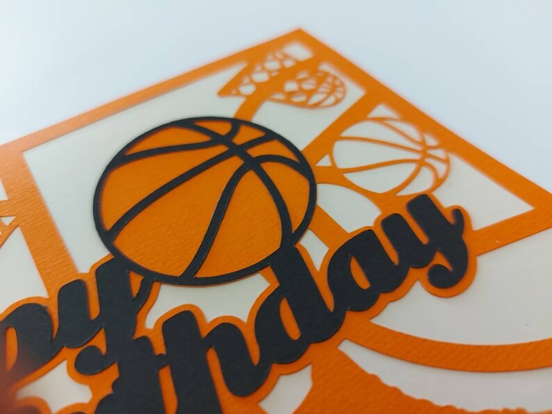 May include: Orange and black paper cut-out card with a basketball and the words "Happy Birthday".