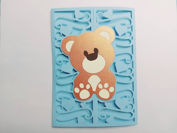 SVG Card Baby Shower Cut Files Cricut teddy bear gift box Laser Cut Cutting Silhouette Cameo files Gender Reveal Baby Boy Baby Girl Card SVG