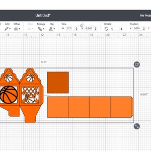 May include: A design for a basketball-themed box, shown in orange with black outlines. The design includes a basketball, a net, and a score line. The design is shown on a grid with measurements in inches.