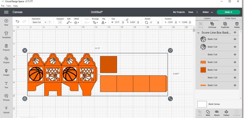 May include: A design for a basketball-themed box, shown in orange with black outlines. The design includes a basketball, a net, and a score line. The design is shown on a grid with measurements in inches.