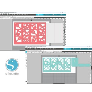 May include: A computer screen showing a design software program with two different designs for a baby-themed card. The first design is a pink card with a variety of baby-related icons. The second design is a blue card with a more intricate design featuring a rocking horse, a heart, and a baby rattle.