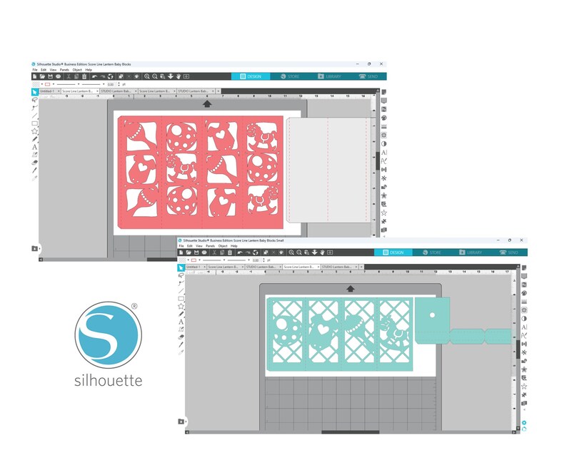 May include: A computer screen showing a design software program with two different designs for a baby-themed card. The first design is a pink card with a variety of baby-related icons. The second design is a blue card with a more intricate design featuring a rocking horse, a heart, and a baby rattle.