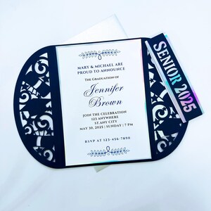 May include: A black and white graduation invitation with a cut-out design. The invitation is for Jennifer Brown and includes the text "Senior 2025".