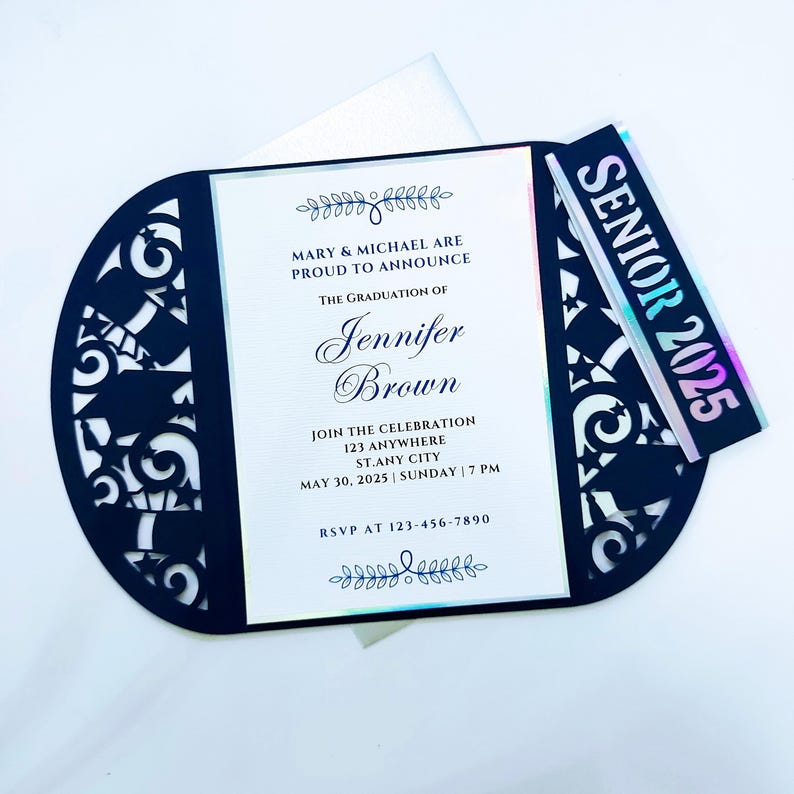 May include: A black and white graduation invitation with a cut-out design. The invitation is for Jennifer Brown and includes the text "Senior 2025".