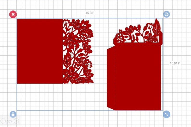 Pu&ograve; includere: Un cartoncino rosso con un disegno floreale ritagliato sul lato destro. Il cartoncino &egrave; largo 15,88 pollici e alto 10,019 pollici.
