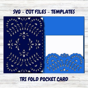 Convite de casamento com corte a laser SVG de 5x7 polegadas, cartão de bolso triplo, arquivo de corte Cricut Talavera, silhueta, cameo, papel picado, cartão com design mexicano