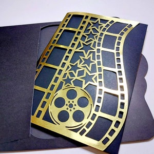 Tarjeta de bolsillo tríptico con tira de película, estrellas de cine, plantilla de archivo de corte SVG Cricut, cumpleaños, dulces dieciséis, invitación de boda de Hollywood, quinceañera