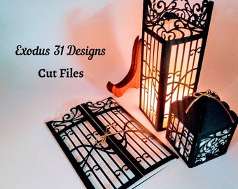 SVG Cricut Laser Cut Files Gate Fold Wedding Invitation Card 3 Template Swirly Sweet Sixteen Quinceañera Box Lantern Laser Silhouette Cameo