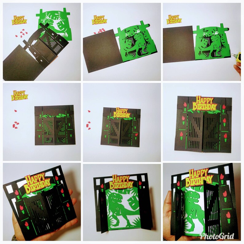 May include: A step-by-step guide showing how to make a pop-up card with a dinosaur theme. The card is black with green and yellow accents. The card features the words "Happy Birthday".