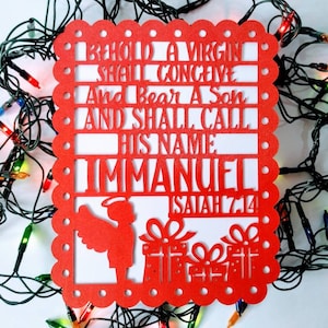 Plantilla de tarjeta navideña SVG Cricut con versículo bíblico Isaías 7:14, dos capas, silueta Cameo, archivo cortado con láser DXF, Navidad, su nombre Emanuel