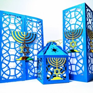Ensemble de 3 fichiers SVG coupe Menorah Hanoukka lanterne boîte porte carte Cricut modèle laser étoile David chandelier Fête des lumières Silhouette camée
