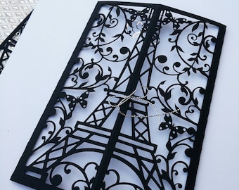 SVG Cricut gesneden bestand sjabloon poort vouw kaart Eiffeltoren Parijs bruiloft uitnodiging snijden bestand mis kweepeer Lasergesneden Cricut Silhouette cameo