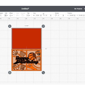 May include: A Cricut Design Space screen showing a basketball-themed card design. The card is 7 inches by 10 inches and features a red background with a basketball, net, and the words "Happy Birthday".