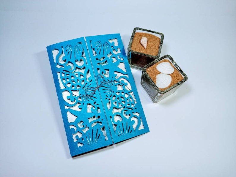 7 SVG Cut Files Cricut Set Marine Theme Under Sea Beach Wedding Invitation Tri Fold Pocket Envelope Boxe Lantern Laser Cut Silhouette Cameo
