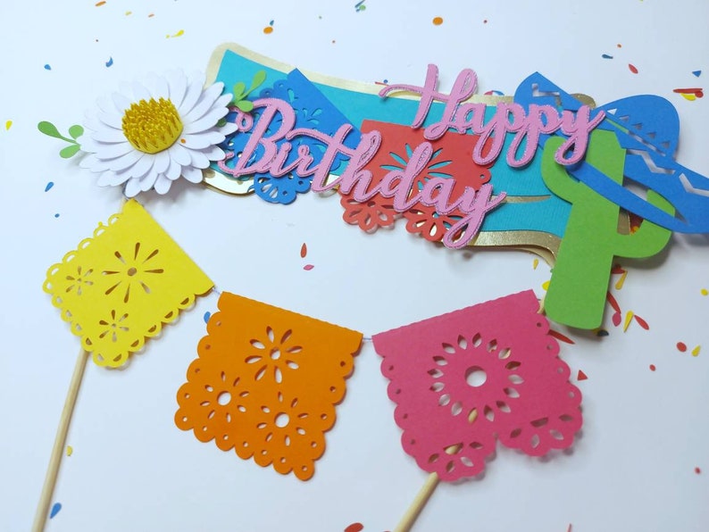 SVG CRICUT cut files TEMPLATES Papel Picado cake topper customizble Mini banners 2,5 inches happy birthday fiesta Cricut Joy Silhouette image 4